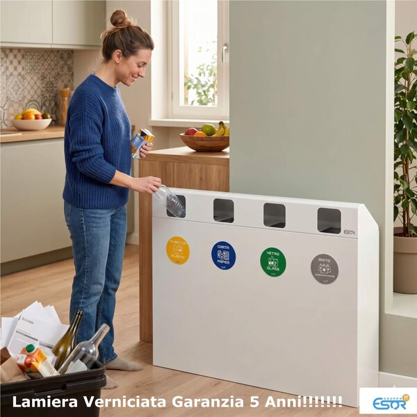 Pattumiera, Mobiletto per raccolta differenziata in acciaio | 4 scomparti da 240Lt Dimensioni 30x120xh 80 cm 4 scomparti da 240 litri totali 4 Etichette colore Bianco