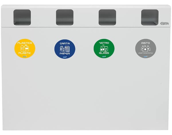 Pattumiera, Mobiletto per raccolta differenziata in acciaio | 4 scomparti da 240Lt Dimensioni 30x120xh 80 cm 4 scomparti da 240 litri totali 4 Etichette colore Bianco