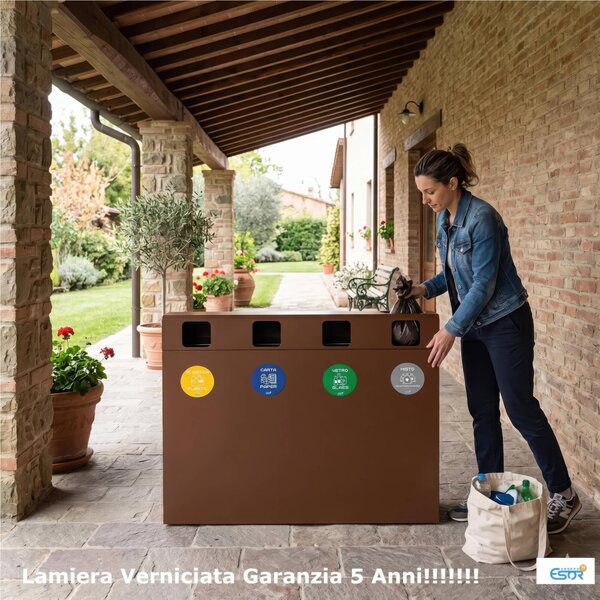 Pattumiera, Mobiletto per raccolta differenziata in acciaio | 4 scomparti da 240Lt Dimensioni 30x120xh 80 cm 4 scomparti da 240 litri totali 4 Etichette colore Corten