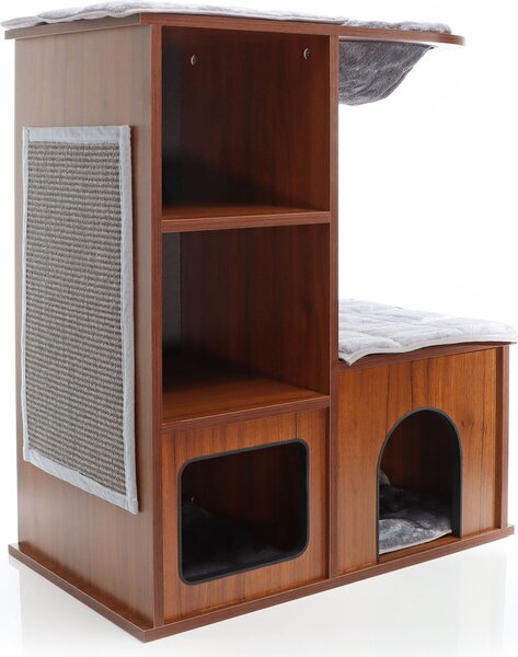 Tiragraffi in legno Fudajo 80,5 cm con casetta per gatti, tiragraffi di design per gatti con 4 cuscini distesi, torre per gatti con cavità distesa, casetta per gatti con tappetino tiragraffi