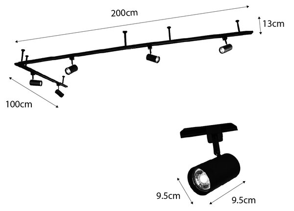 Sistema di illuminazione a binario sospeso moderno con 5 faretti neri monofase - Iconic Jeana