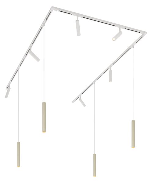 Sistema di illuminazione su binario moderno con 6 faretti e 4 luci a sospensione beige e bianche monofase - Slimline Uzzy Keno