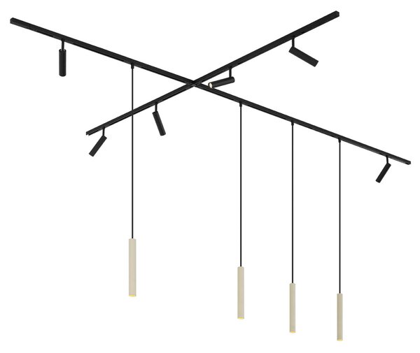 Sistema di illuminazione su binario moderno con 6 faretti e 4 luci a sospensione beige e nere monofase - Slimline Uzzy Keno