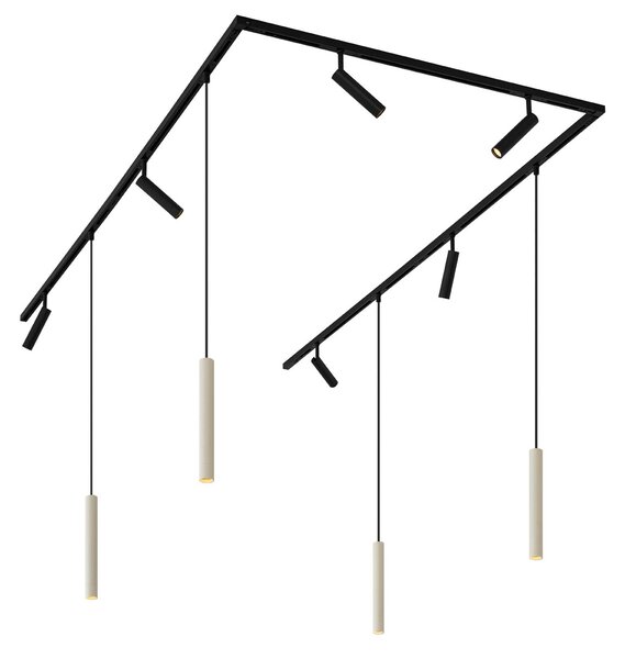 Sistema di illuminazione su binario moderno con 6 faretti e 4 luci a sospensione beige e nere monofase - Slimline Uzzy Keno
