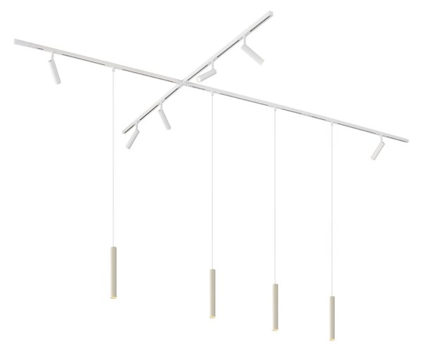 Sistema di illuminazione su binario moderno con 6 faretti e 4 luci a sospensione beige e bianche monofase - Slimline Uzzy Keno