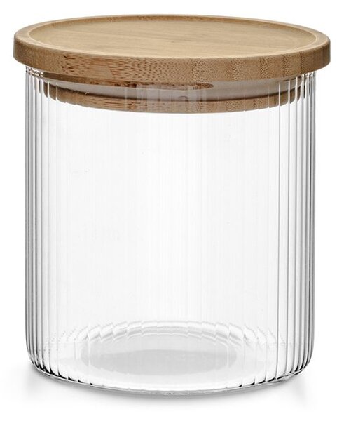 Barattolo in vetro borosilicato trasparente rigato con tappo in legno bambù forma tonda lt 0,75