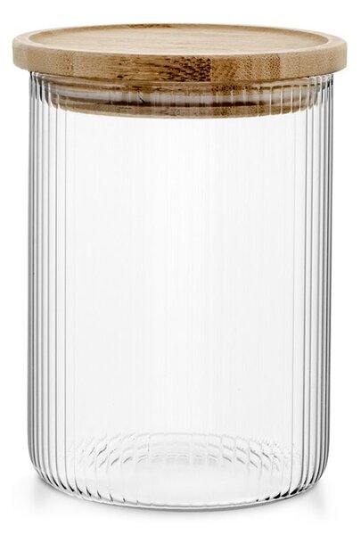 Barattolo in vetro borosilicato trasparente rigato con tappo in legno bambù forma quadra lt 0,95