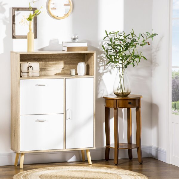HOMCOM Scarpiera Salvaspazio per 8 Paia di Scarpe con 2 Ante e Armadietto in Legno, 80x25.5x112.5cm, Bianco