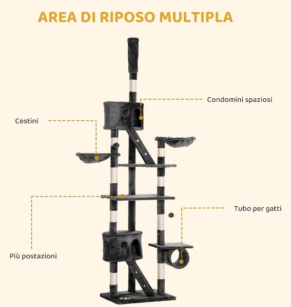 AllMyPets Albero Tiragraffi per Gatti a Soffitto Multilivello con Altezza Regolabile 240-260 cm, con Cucce e Scale, colore Grigio - L3533GY