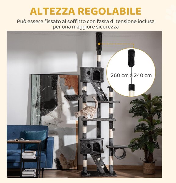 AllMyPets Albero Tiragraffi per Gatti a Soffitto Multilivello con Altezza Regolabile 240-260 cm, con Cucce e Scale, colore Grigio - L3533GY