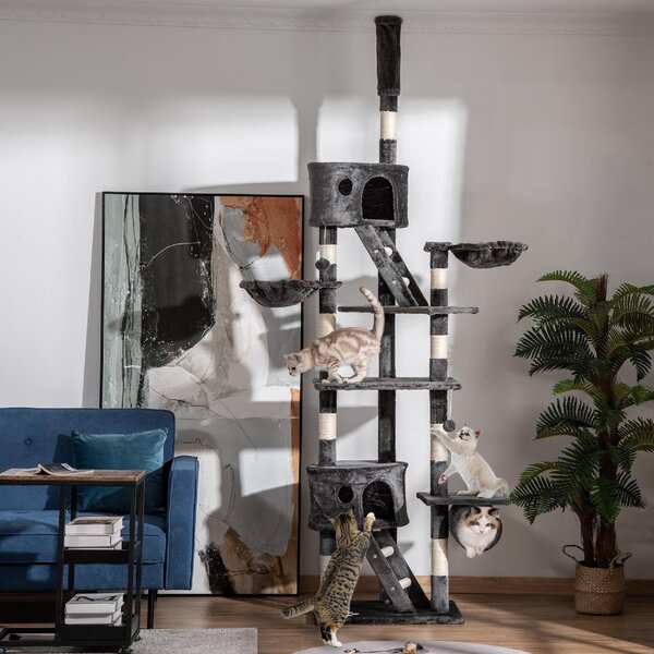 AllMyPets Albero Tiragraffi per Gatti a Soffitto Multilivello con Altezza Regolabile 240-260 cm, con Cucce e Scale, colore Grigio - L3533GY