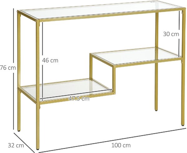 DecHome Consolle Ingresso Design Contemporaneo Luxury a 3 Ripiani in Acciaio e Vetro Temperato Dimensioni 100x32x76 cm colore Oro