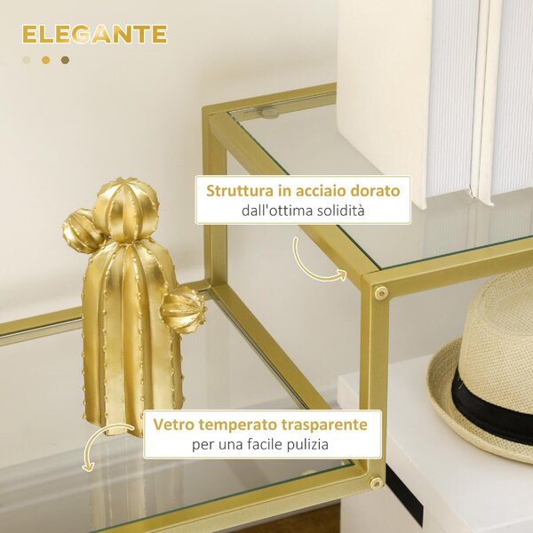 DecHome Consolle Ingresso Design Contemporaneo Luxury a 3 Ripiani in Acciaio e Vetro Temperato Dimensioni 100x32x76 cm colore Oro