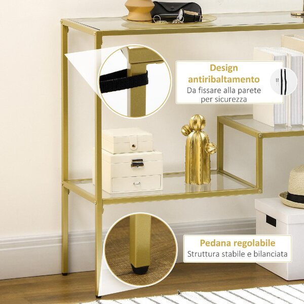 DecHome Consolle Ingresso Design Contemporaneo Luxury a 3 Ripiani in Acciaio e Vetro Temperato Dimensioni 100x32x76 cm colore Oro