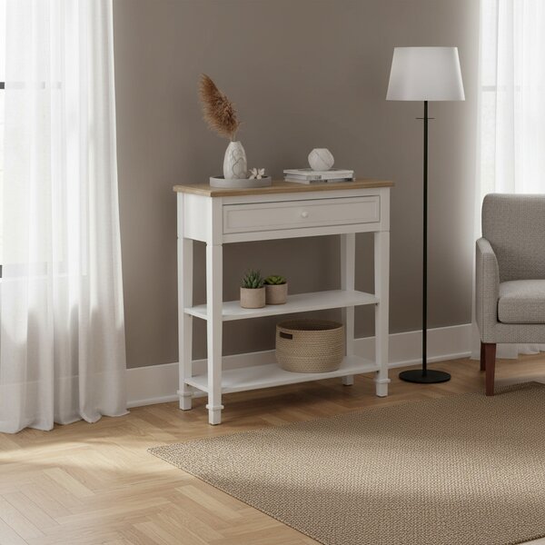 DecHome Consolle Ingresso Design Moderno con Cassetto e 2 Mensole Dimensioni 75,6x27,5x80,5 colore Bianco/Legno