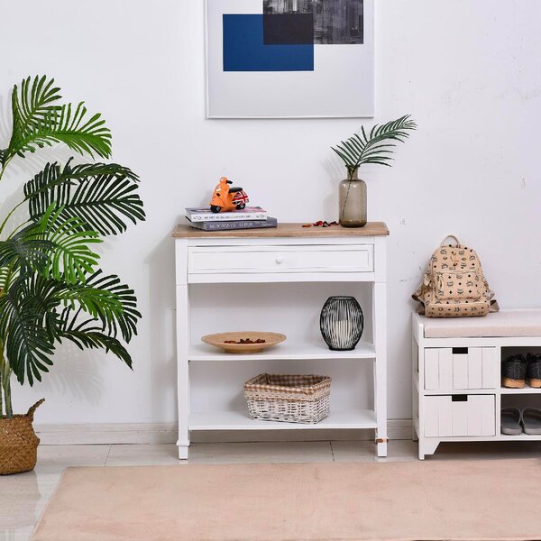 DecHome Consolle Ingresso Design Moderno con Cassetto e 2 Mensole Dimensioni 75,6x27,5x80,5 colore Bianco/Legno