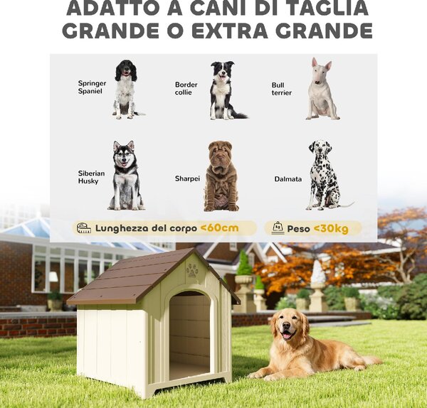 AllMyPets Cuccia per Cani Taglia Media e Grande Rialzata con Tetto Inclinato e Prese d'Aria in PP 88x78x89 cm colore Beige e Marrone Scuro