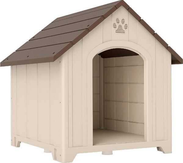 AllMyPets Cuccia per Cani Taglia Media e Grande Rialzata con Tetto Inclinato e Prese d'Aria in PP 88x78x89 cm colore Beige e Marrone Scuro