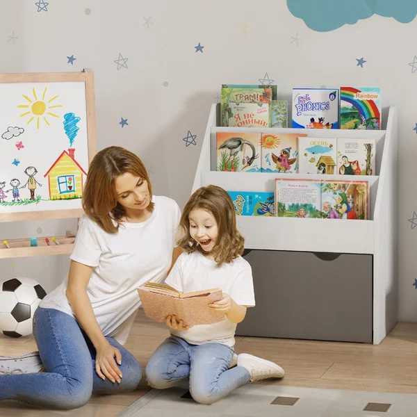 DecHome Libreria per Bambini 3-8 Anni a 3 Ripiani con Cassetto Inferiore in MDF 62.5x30x70 cm colore Grigio