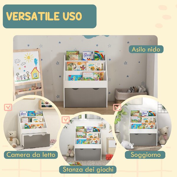 DecHome Libreria per Bambini 3-8 Anni a 3 Ripiani con Cassetto Inferiore in MDF 62.5x30x70 cm colore Grigio