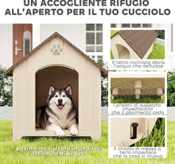 AllMyPets Cuccia per Cani Grandi da Esterno Rialzata con Tetto Inclinato e Prese d'Aria in PP 102x94x103 cm colore Beige e Marrone Scuro