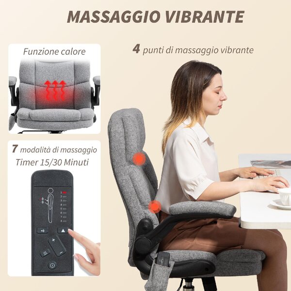 Icon Space Sedia da Ufficio con Ruote Braccioli e Poggiatesta Schienale Massaggiante e Riscaldante in Tessuto colore Grigio