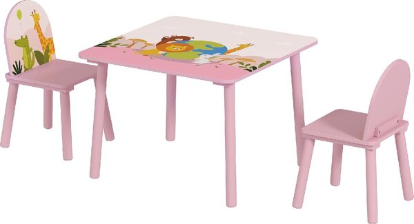 DecHome Set Tavolo e Sedie per Bambini 3-8 Anni con Motivi Animali e Bordi Arrotondati, in MDF e Legno di Pino colore Rosa