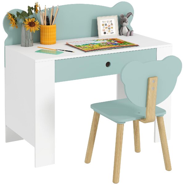 DecHome Set Scrivania per Bambini con Cassetto e Sedia con Schienale a Orsetto Et 3-8 Anni colore Verde