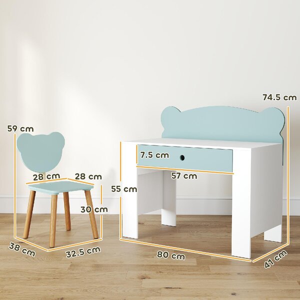 DecHome Set Scrivania per Bambini con Cassetto e Sedia con Schienale a Orsetto Et 3-8 Anni colore Verde