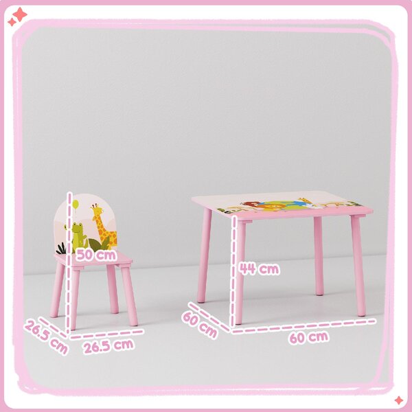 DecHome Set Tavolo e Sedie per Bambini 3-8 Anni con Motivi Animali e Bordi Arrotondati, in MDF e Legno di Pino colore Rosa