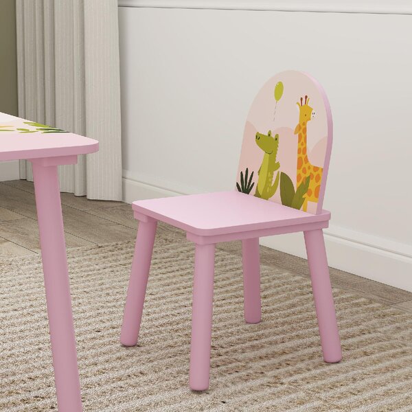 DecHome Set Tavolo e Sedie per Bambini 3-8 Anni con Motivi Animali e Bordi Arrotondati, in MDF e Legno di Pino colore Rosa