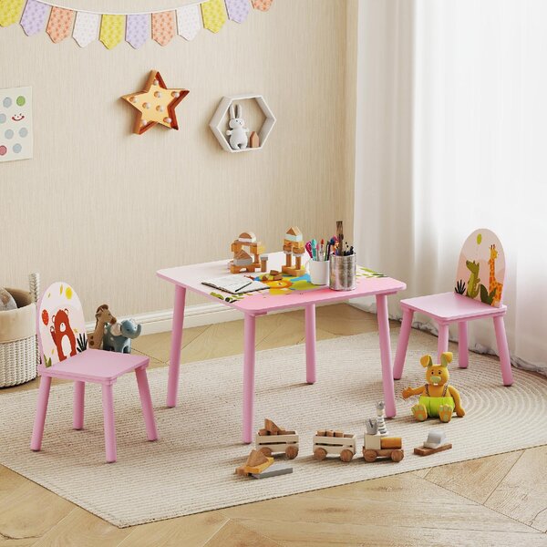 DecHome Set Tavolo e Sedie per Bambini 3-8 Anni con Motivi Animali e Bordi Arrotondati, in MDF e Legno di Pino colore Rosa