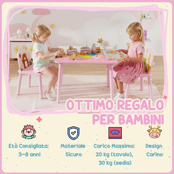 DecHome Set Tavolo e Sedie per Bambini 3-8 Anni con Motivi Animali e Bordi Arrotondati, in MDF e Legno di Pino colore Rosa
