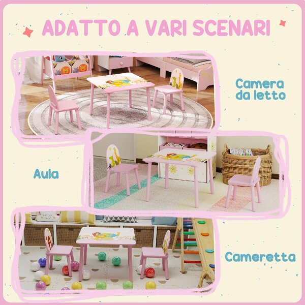 DecHome Set Tavolo e Sedie per Bambini 3-8 Anni con Motivi Animali e Bordi Arrotondati, in MDF e Legno di Pino colore Rosa