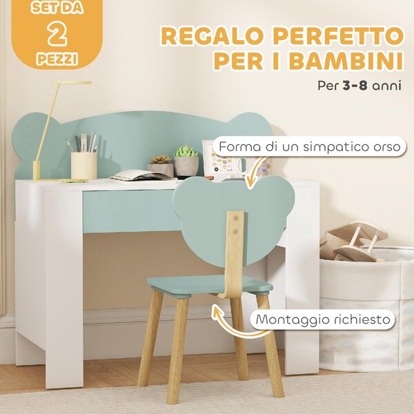 DecHome Set Scrivania per Bambini con Cassetto e Sedia con Schienale a Orsetto Et 3-8 Anni colore Verde
