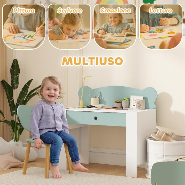 DecHome Set Scrivania per Bambini con Cassetto e Sedia con Schienale a Orsetto Et 3-8 Anni colore Verde