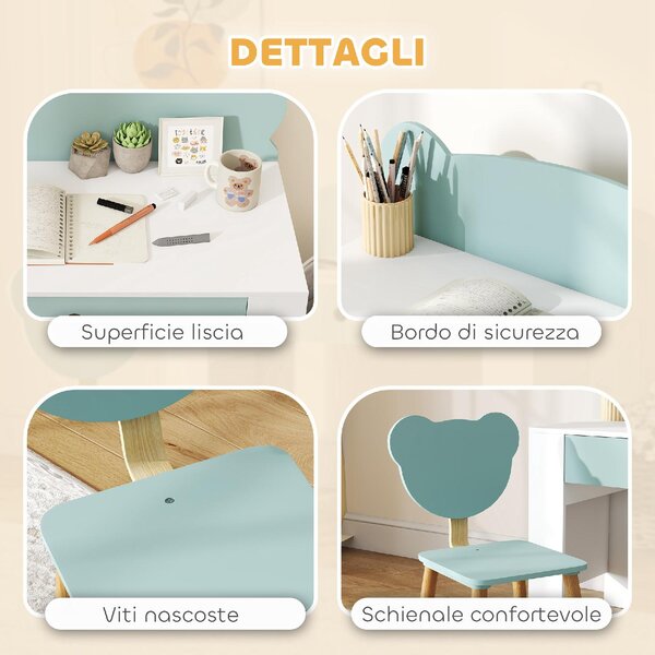 DecHome Set Scrivania per Bambini con Cassetto e Sedia con Schienale a Orsetto Et 3-8 Anni colore Verde