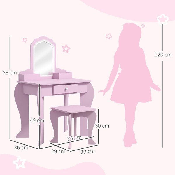 DecHome Set Toeletta per Bambina con Specchio Trucco e Sgabello Abbinato in Legno Cassetto e Contenitori colore Rosa