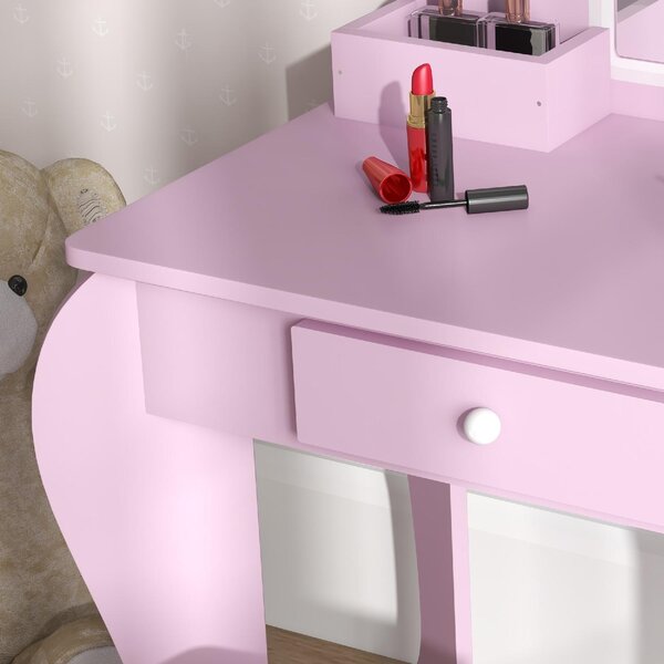 DecHome Set Toeletta per Bambina con Specchio Trucco e Sgabello Abbinato in Legno Cassetto e Contenitori colore Rosa