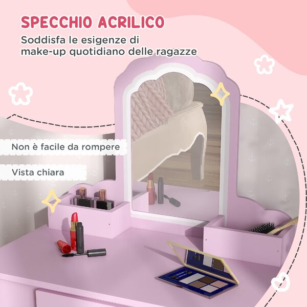 DecHome Set Toeletta per Bambina con Specchio Trucco e Sgabello Abbinato in Legno Cassetto e Contenitori colore Rosa