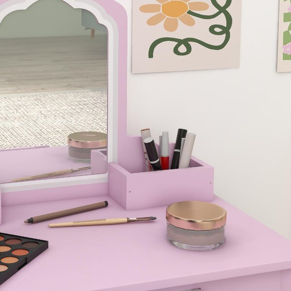 DecHome Set Toeletta per Bambina con Specchio Trucco e Sgabello Abbinato in Legno Cassetto e Contenitori colore Rosa
