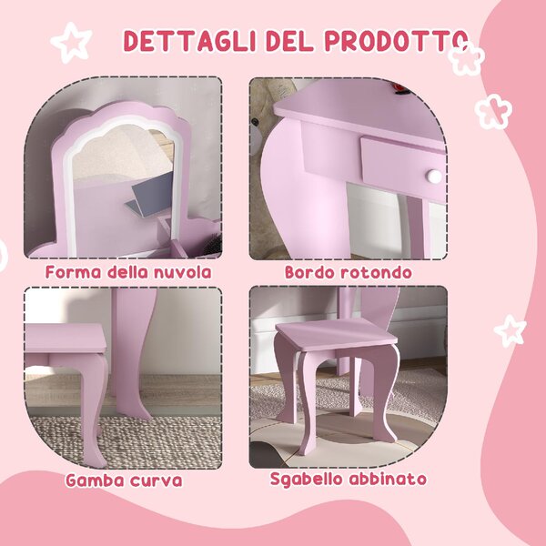 DecHome Set Toeletta per Bambina con Specchio Trucco e Sgabello Abbinato in Legno Cassetto e Contenitori colore Rosa