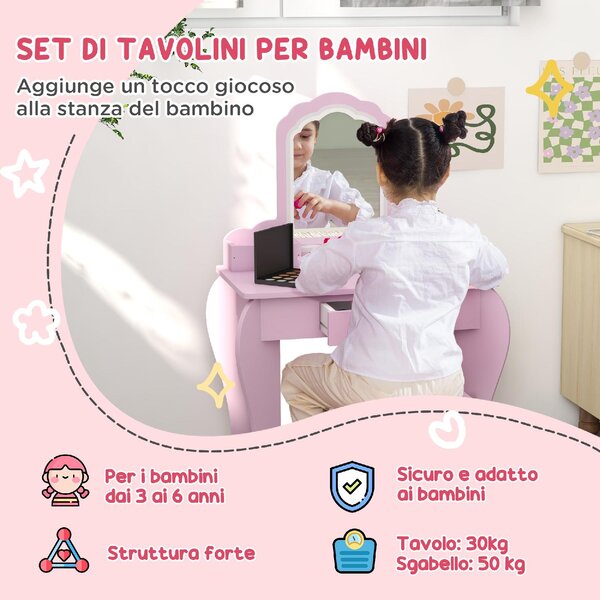 DecHome Set Toeletta per Bambina con Specchio Trucco e Sgabello Abbinato in Legno Cassetto e Contenitori colore Rosa