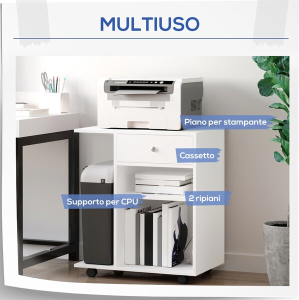 Vinsetto Mobiletto per Stampante in Legno con 4 Ruote, Mensola Regolabile e Piano per CPU, Bianco