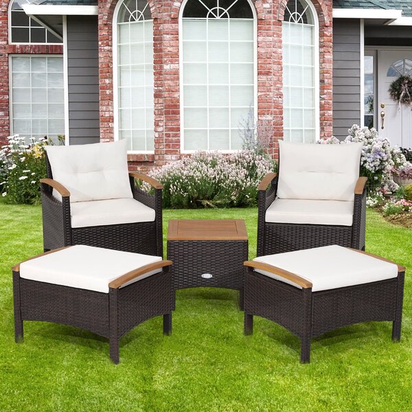 Costway Set di divani in rattan da 5 pezzi con cuscini per sedili schienale, Set in vimini da giardino per cortile