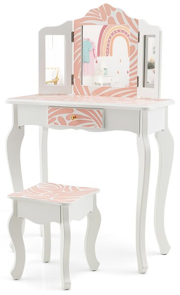 Costway Toeletta trucco per bambine con triplo specchio pieghevole e sgabello fantasia zebrata, Postazione trucco Rosa