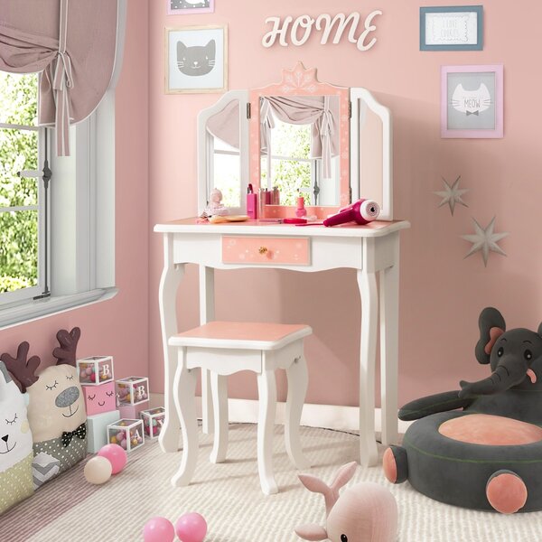 Costway Toletta da trucco per bambine con sgabello specchio triplo cassetto, Postazione trucco a tema fiocco di neve Rosa