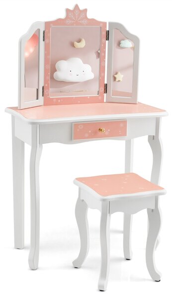 Costway Toletta da trucco per bambine con sgabello specchio triplo cassetto, Postazione trucco a tema fiocco di neve Rosa