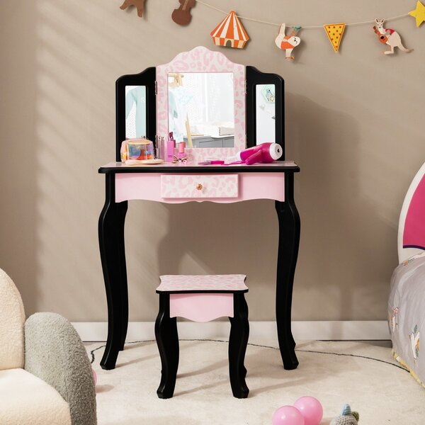 Costway Toeletta trucco per bambine con sgabello triplo specchio pieghevole  e cassetto, Postazione trucco in legno Rosa