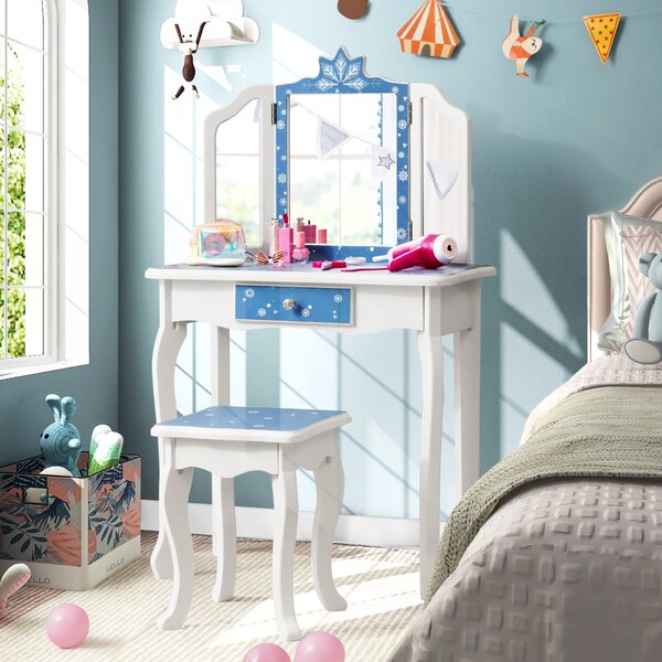 Costway Toletta da trucco per bambine con sgabello specchio triplo  cassetto, Postazione trucco a tema fiocco di neve Blu